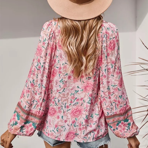 SOLD OUT Pink Floral Bohemian Peasant Blouse - Picture 4 of 5